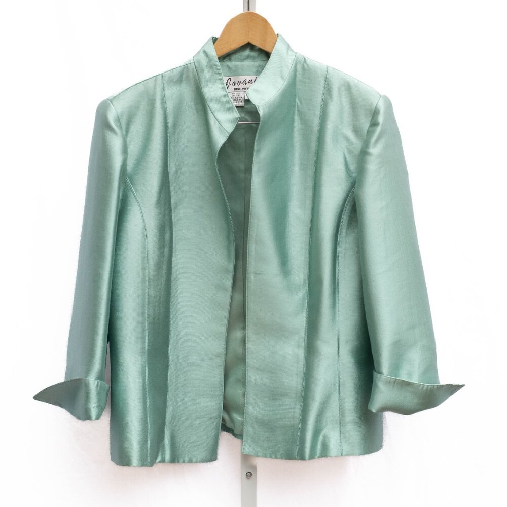Jovani NY 3 Pc‎ Silk Wool Set 18M Aquamarine Blazer Tank Lace Skirt Beaded NWT - Picture 2 of 16